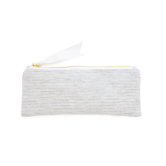 Striped pouch with a gold zipper on a white background