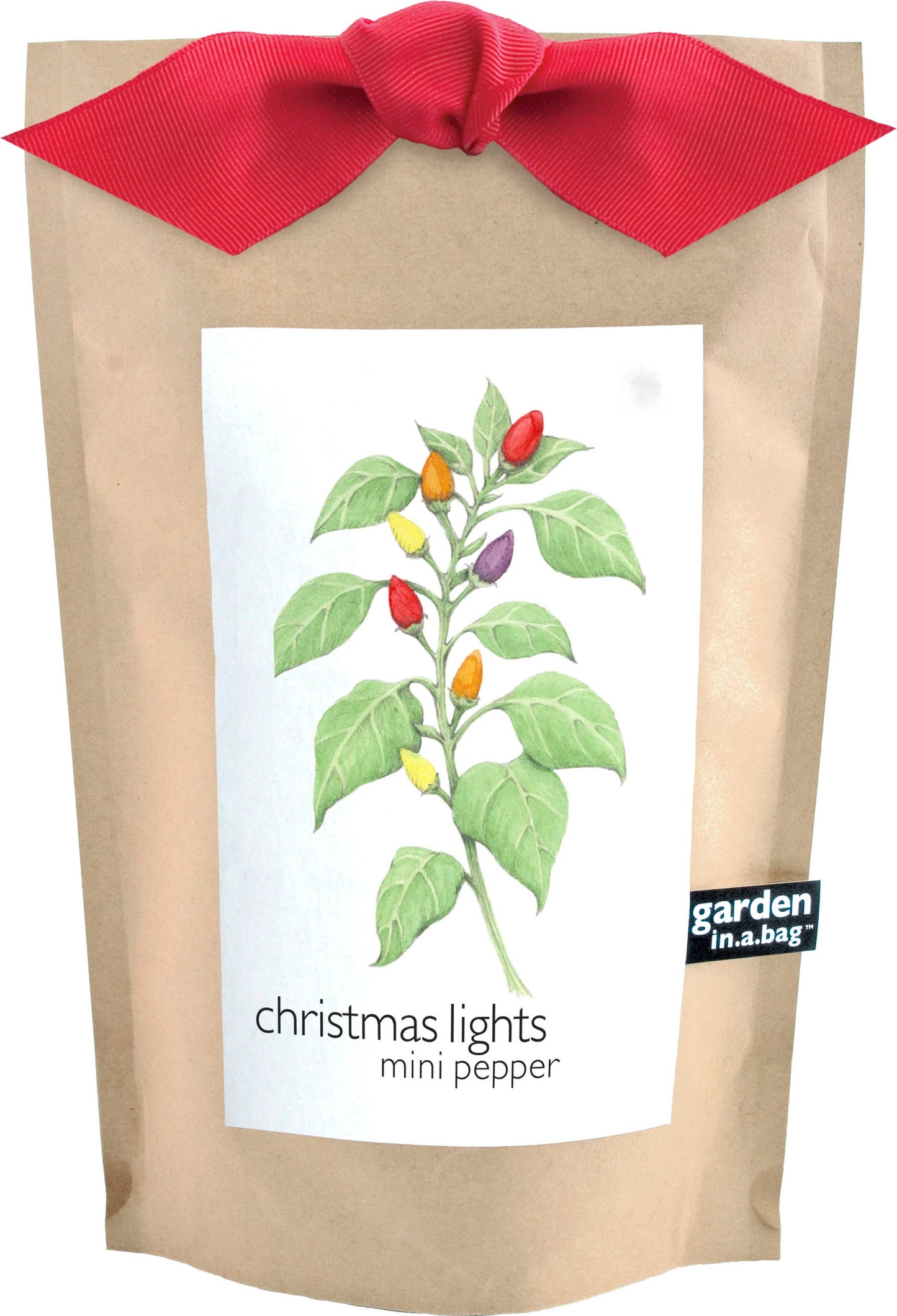 A brown kraft paper bag of garden-in-a-bag Christmas Lights Mini Peppers, featuring a red satin bow at the top and a white label with a green pepper plant illustration.