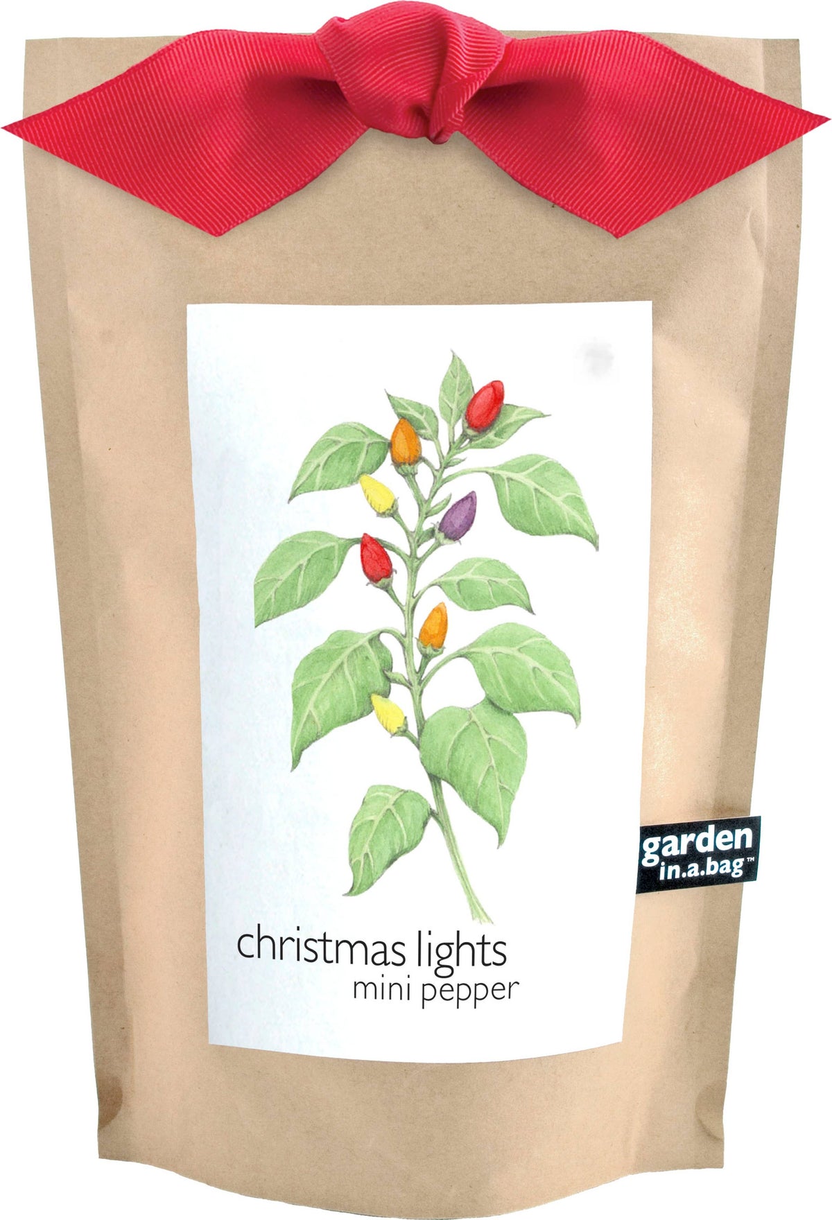 A brown kraft paper bag of garden-in-a-bag Christmas Lights Mini Peppers, featuring a red satin bow at the top and a white label with a green pepper plant illustration.