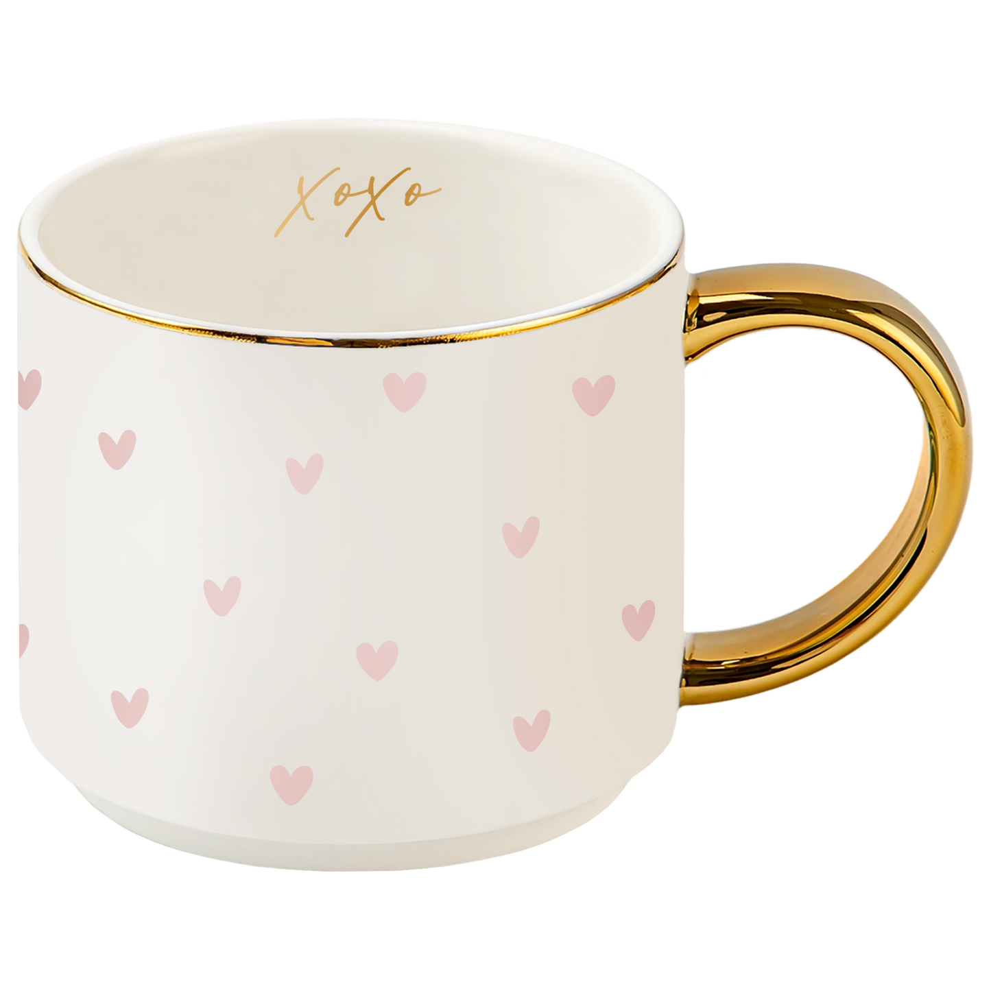 White mug with pink heart patterns, gold handle, and 'XOXO' text on a white background