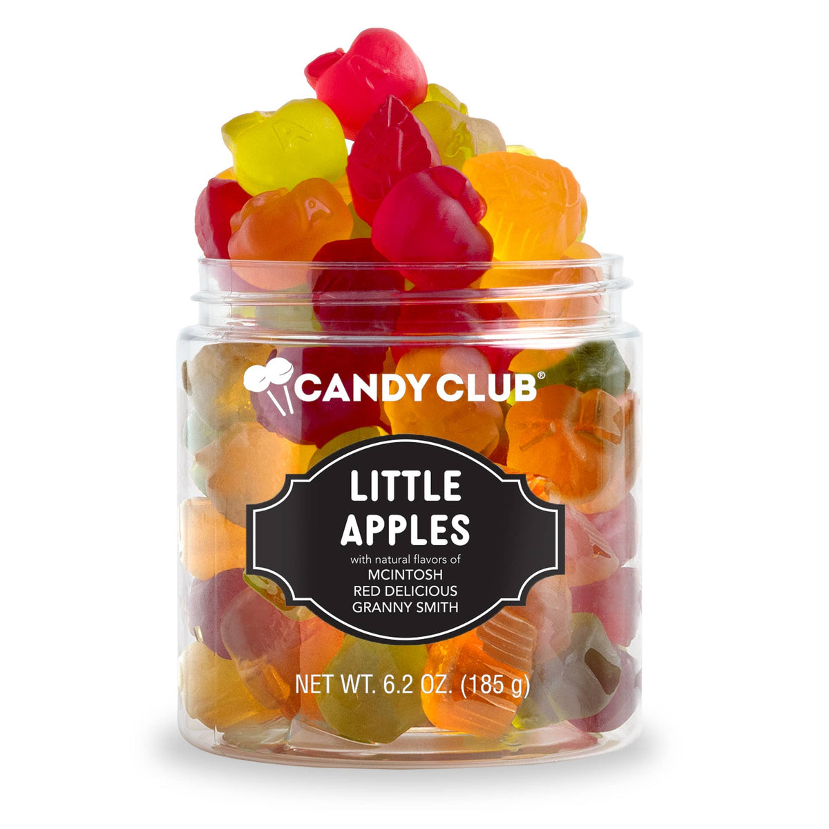 A clear plastic jar of Candy Club Little Apples gummy candies, filled with colorful gummy bears in red, yellow, orange, and green, set against a plain white background.