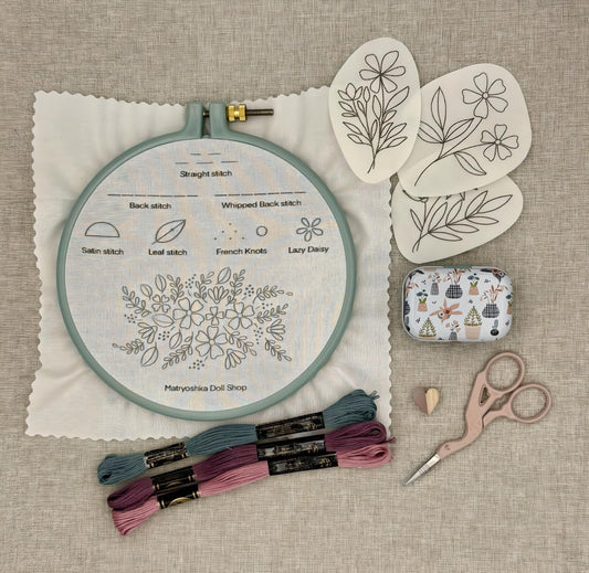 Embroidery hoop with floral design, threads, scissors, and pattern cards on a textured fabric background
