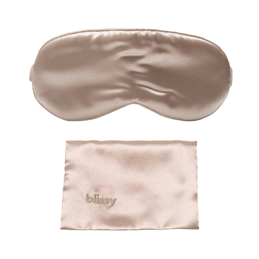 Beige satin eye mask and pouch with 'blissy' branding on a white background