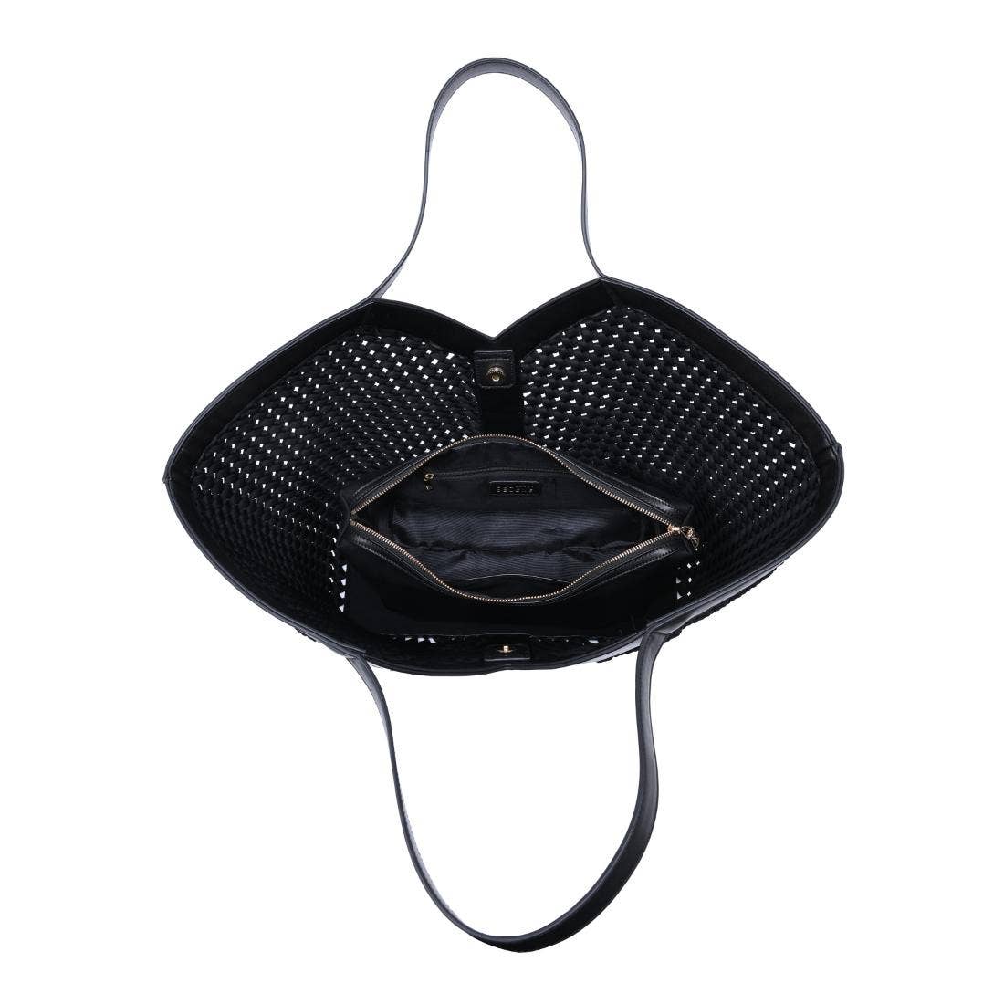 Black studded handbag with a unique design on a white background