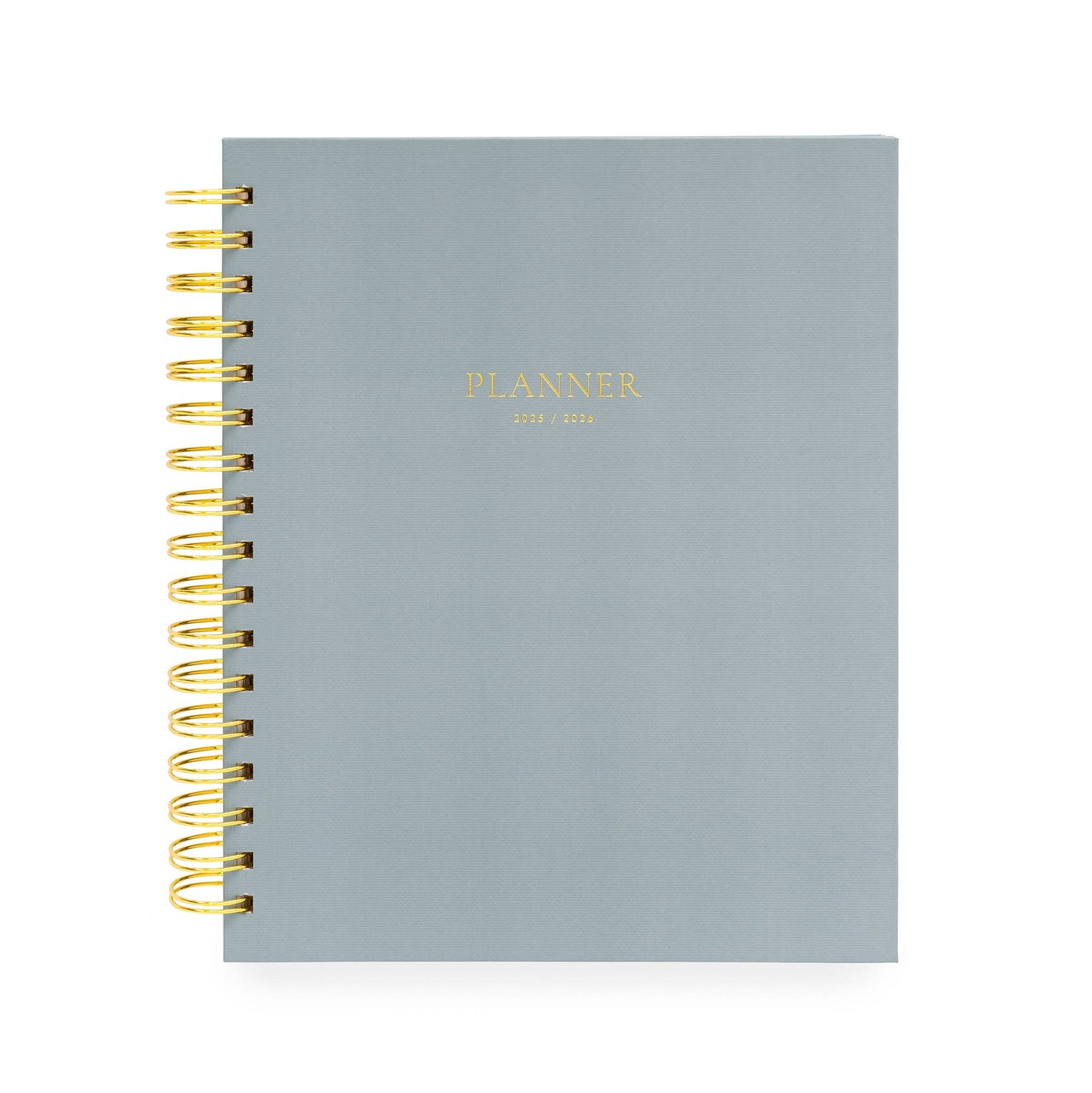 Gray planner with gold spiral binding on a white background
