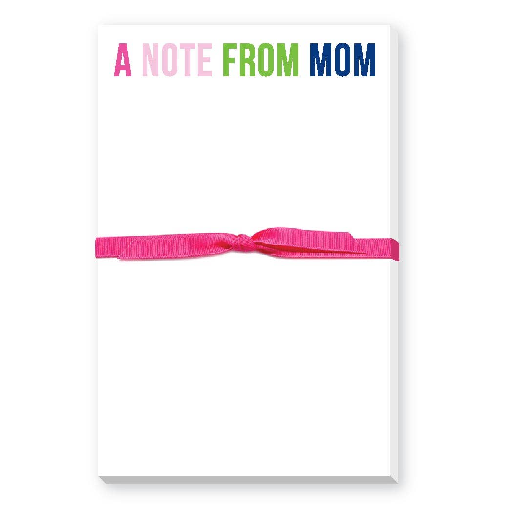 Notepad with 'A Note from Mom' text and a pink ribbon on a white background