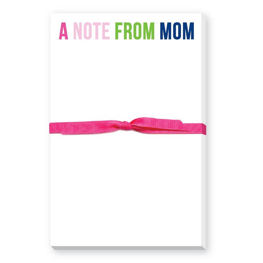Notepad with 'A Note from Mom' text and a pink ribbon on a white background