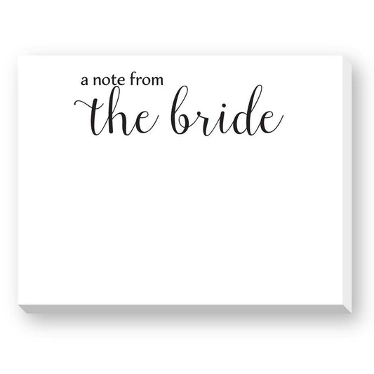 Note card with 'a note from the bride' text on a white background