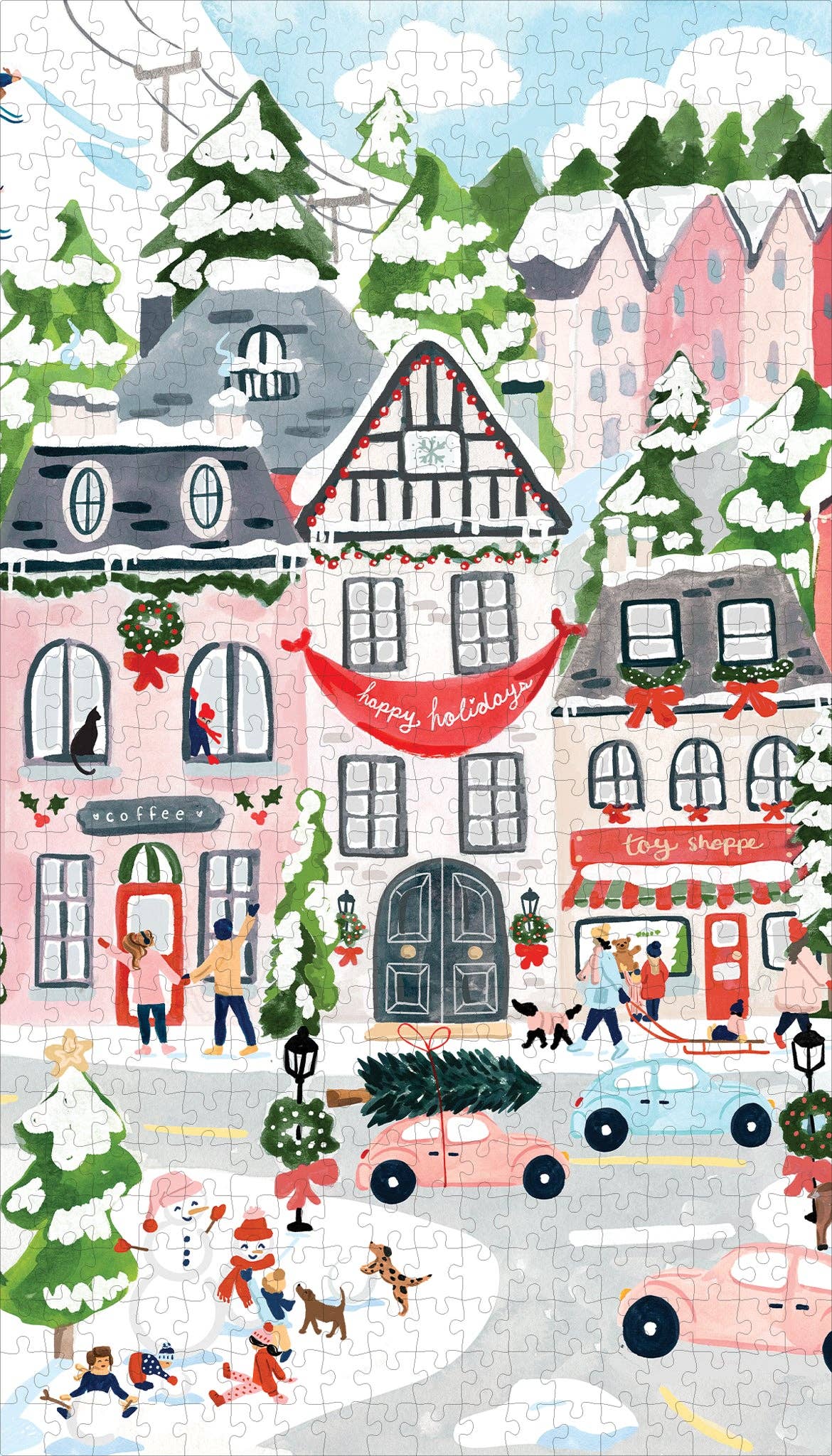 A colorful illustrated winter village scene with snow-covered houses, evergreen trees, red holiday banners, people walking and playing, and a few cars on a snowy street. The scene appears to be the artwork itself rather than a photo of a physical product in a room.