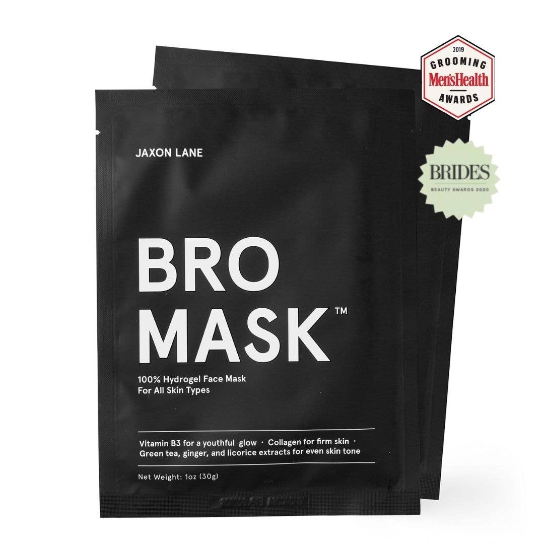 Black face mask packaging with 'BRO MASK' branding on a white background