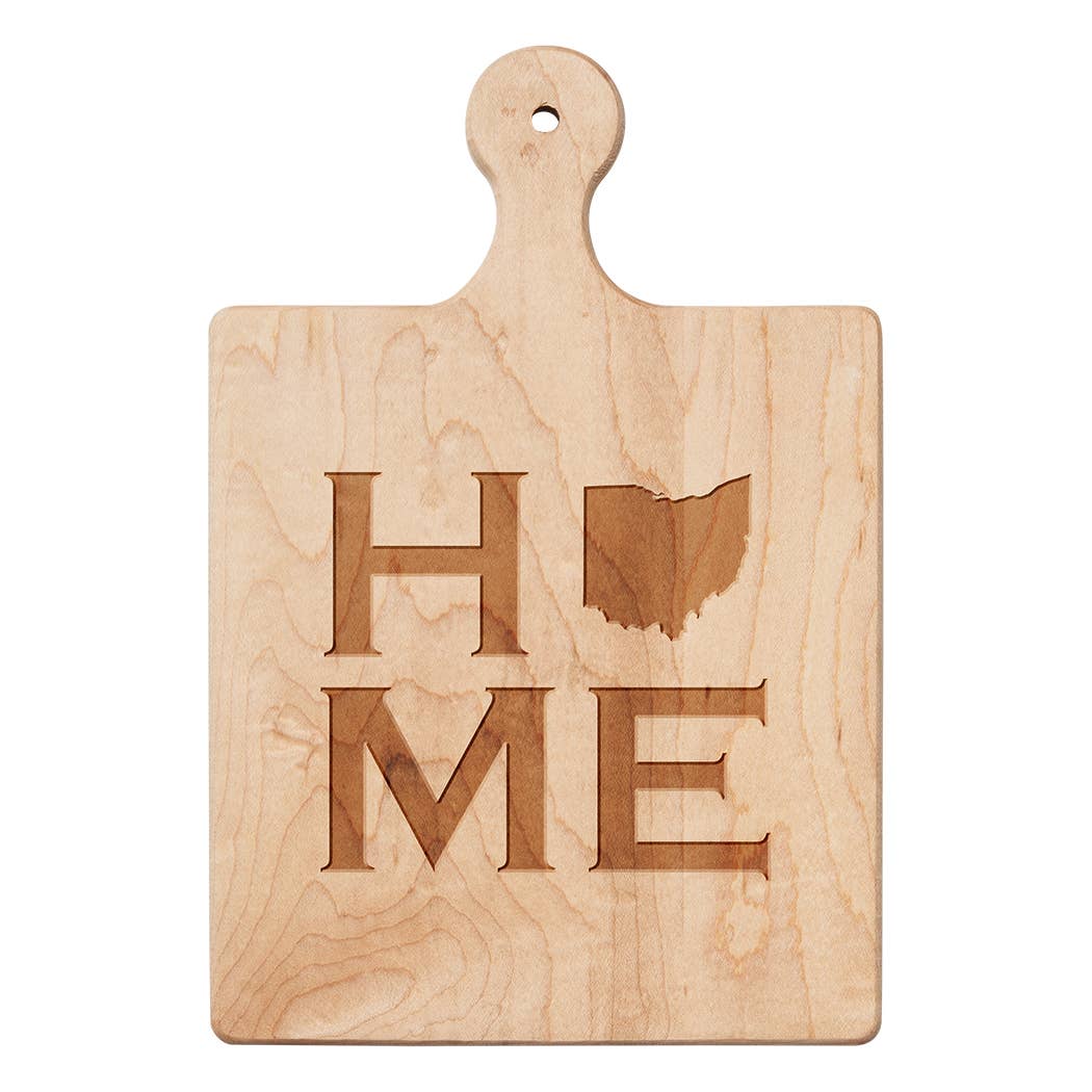 Wooden cutting board with 'HOME' and Ohio shape engraving on a white background