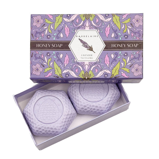 Two lavender honey soaps in a decorative box with Baudelaire branding.