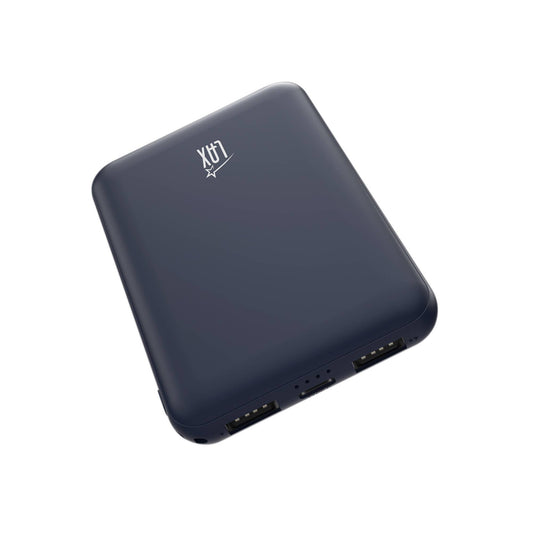 Black power bank with 'LAX' logo on a white background