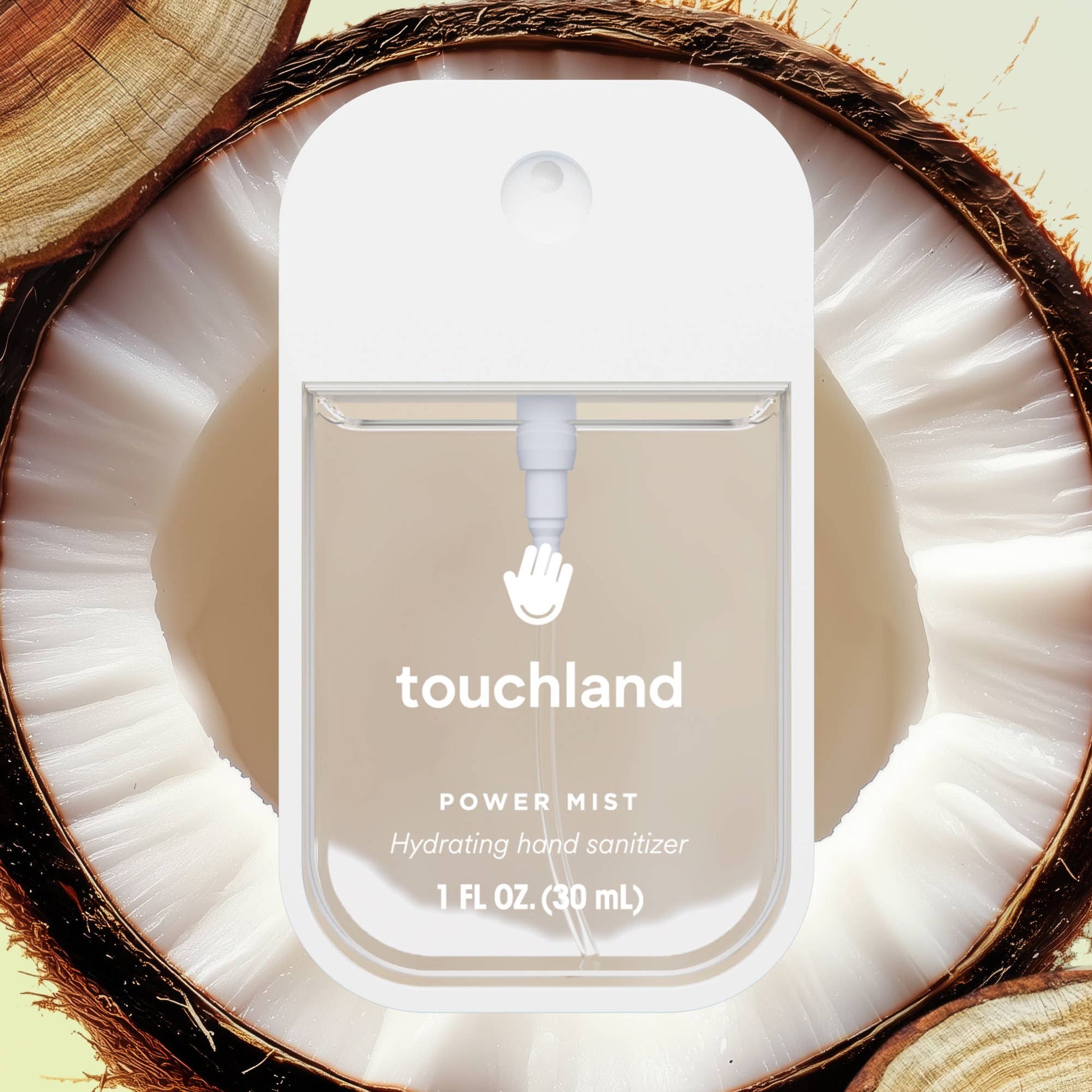Touchland power mist hydrating hand sanitizer packaging inside a coconut shell
