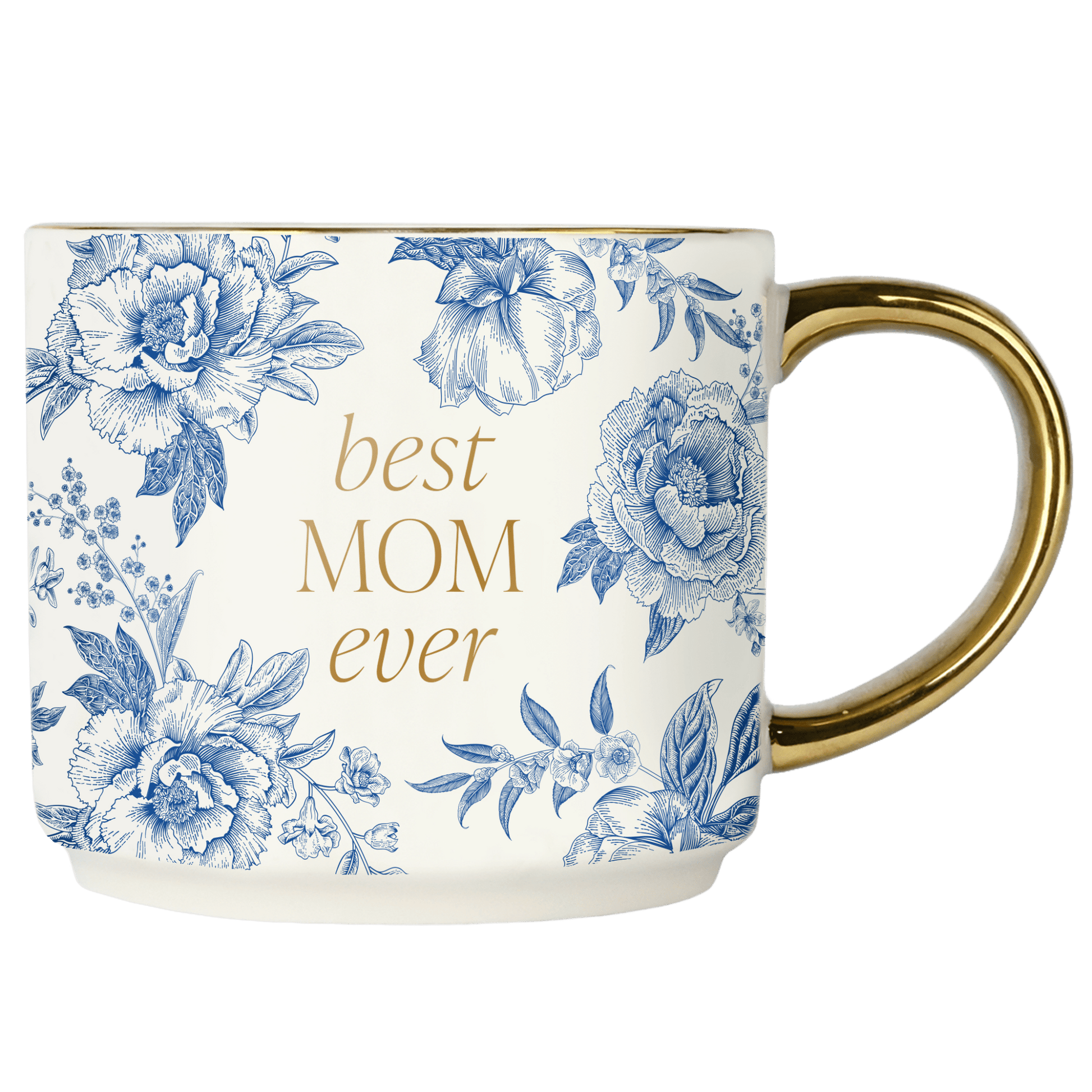 Mug with floral design and 'best mom ever' text on a white background