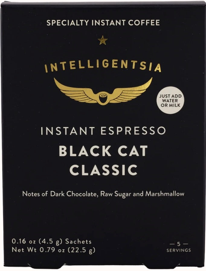 Intelligentsia Black Cat Classic Instant Espresso packaging on a black background