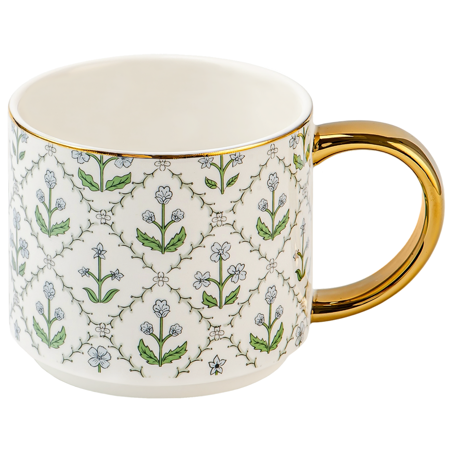 White mug with floral pattern and gold handle on a white background