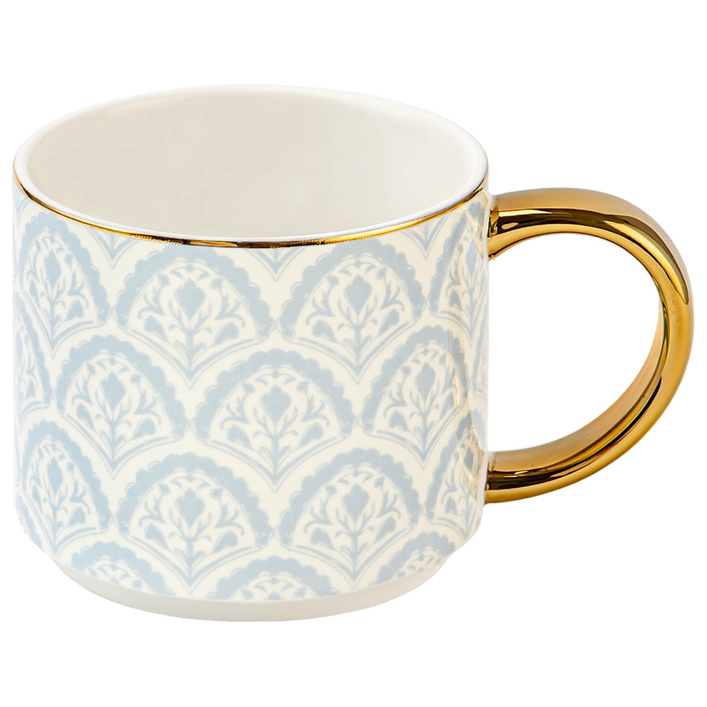Mug with blue geometric pattern and gold handle on a white background