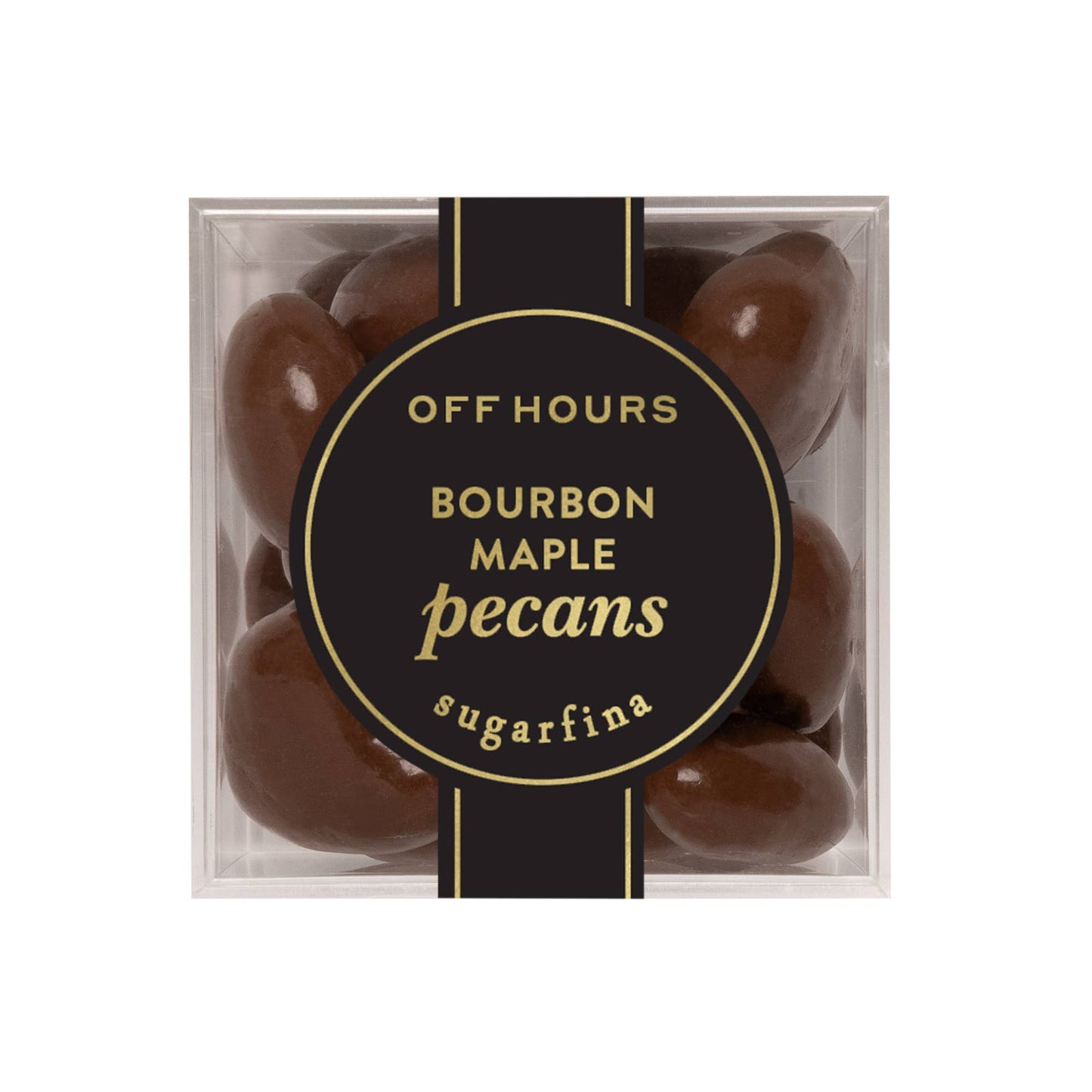 Box of bourbon maple pecans with 'Off Hours' label on a white background