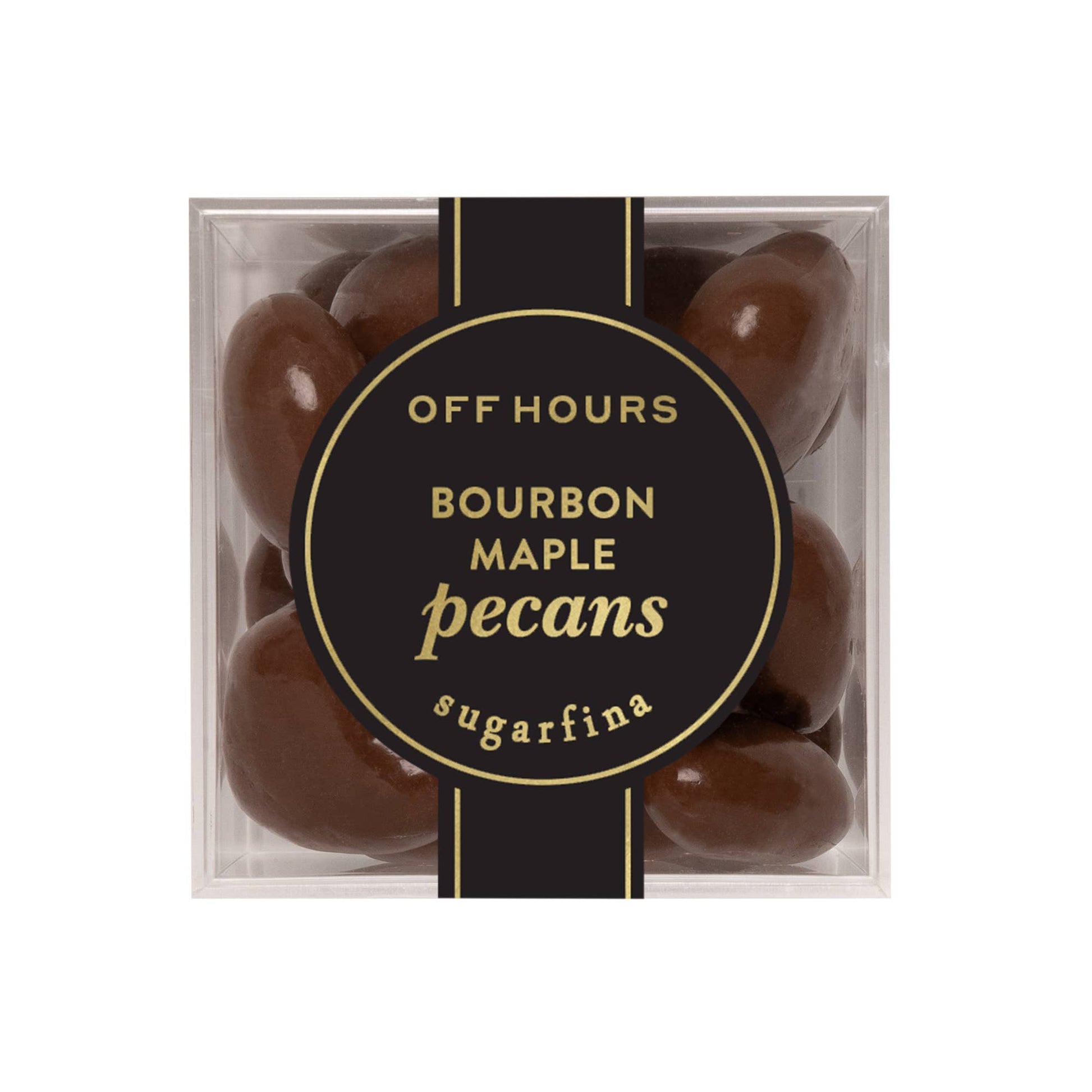 Box of bourbon maple pecans with 'Off Hours' label on a white background
