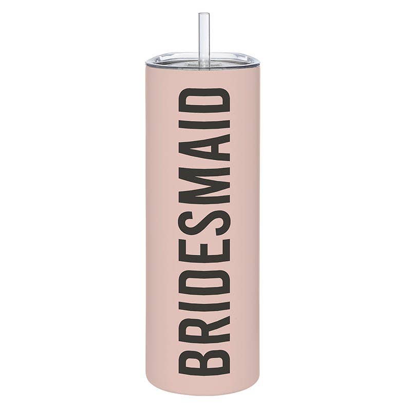 Pink tumbler with 'BRIDESMAID' text on a white background