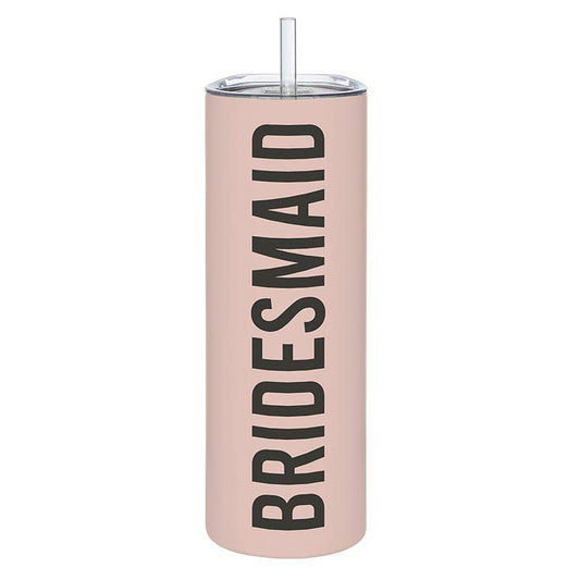 Pink tumbler with 'BRIDESMAID' text on a white background