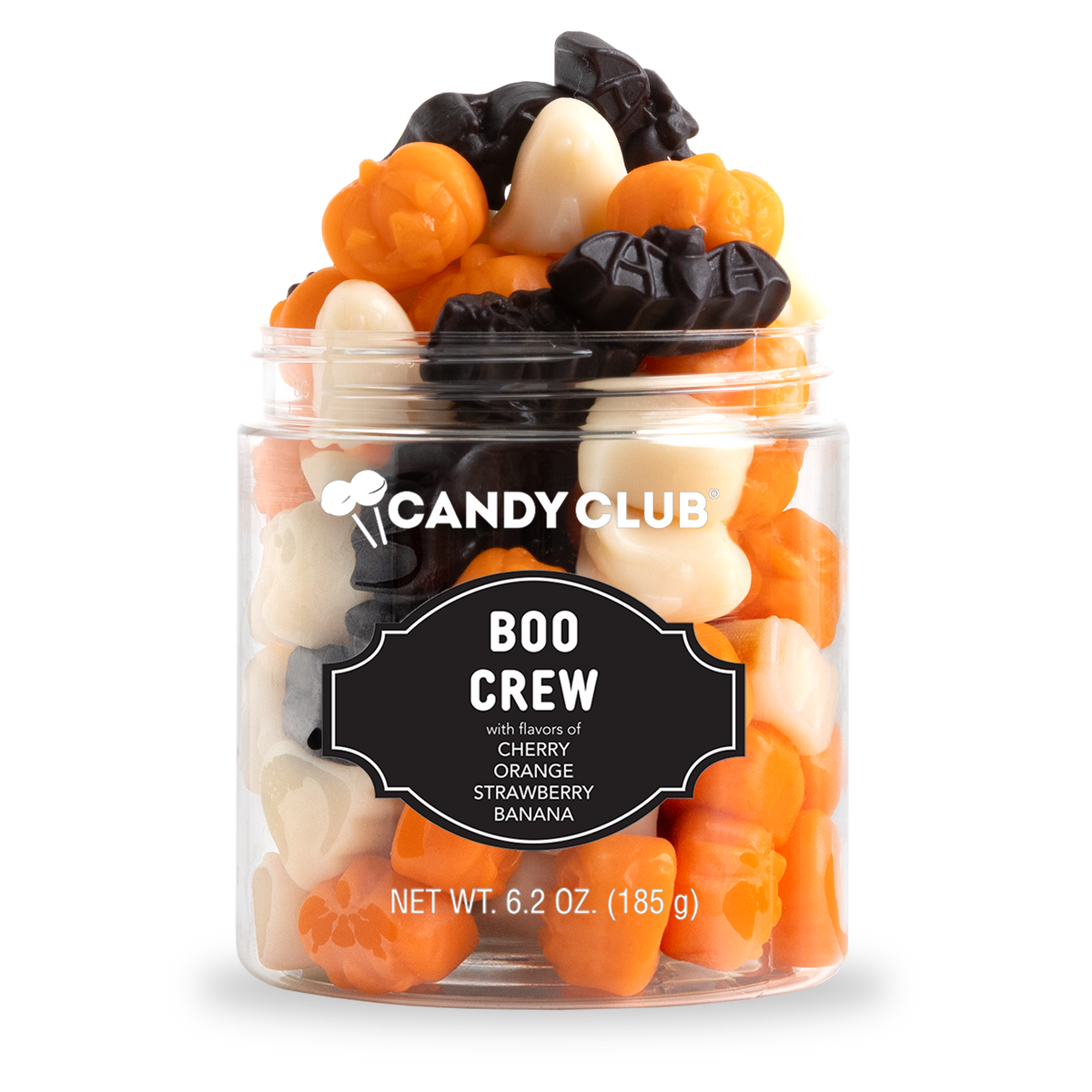A clear plastic jar filled with Halloween-themed gummy candies in orange, black, and white, with a black label reading 'CANDY CLUB BOO CREW' on a white background.