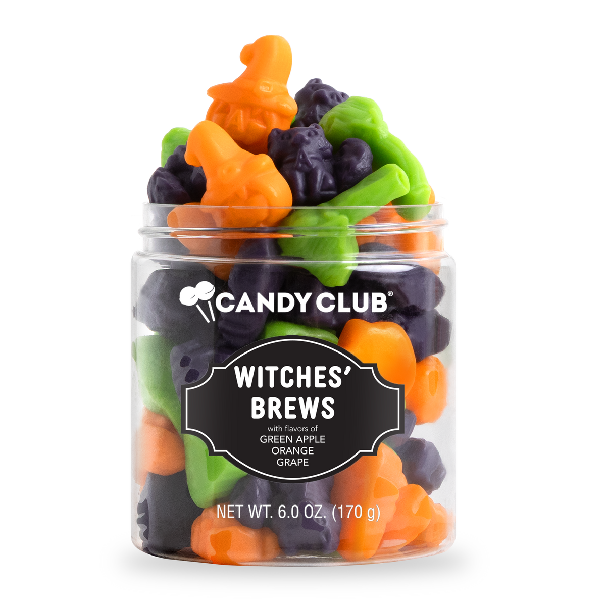 A clear plastic jar of Candy Club Witches' Brews gummy candies, filled with orange, purple, and green gummies, on a solid white background.
