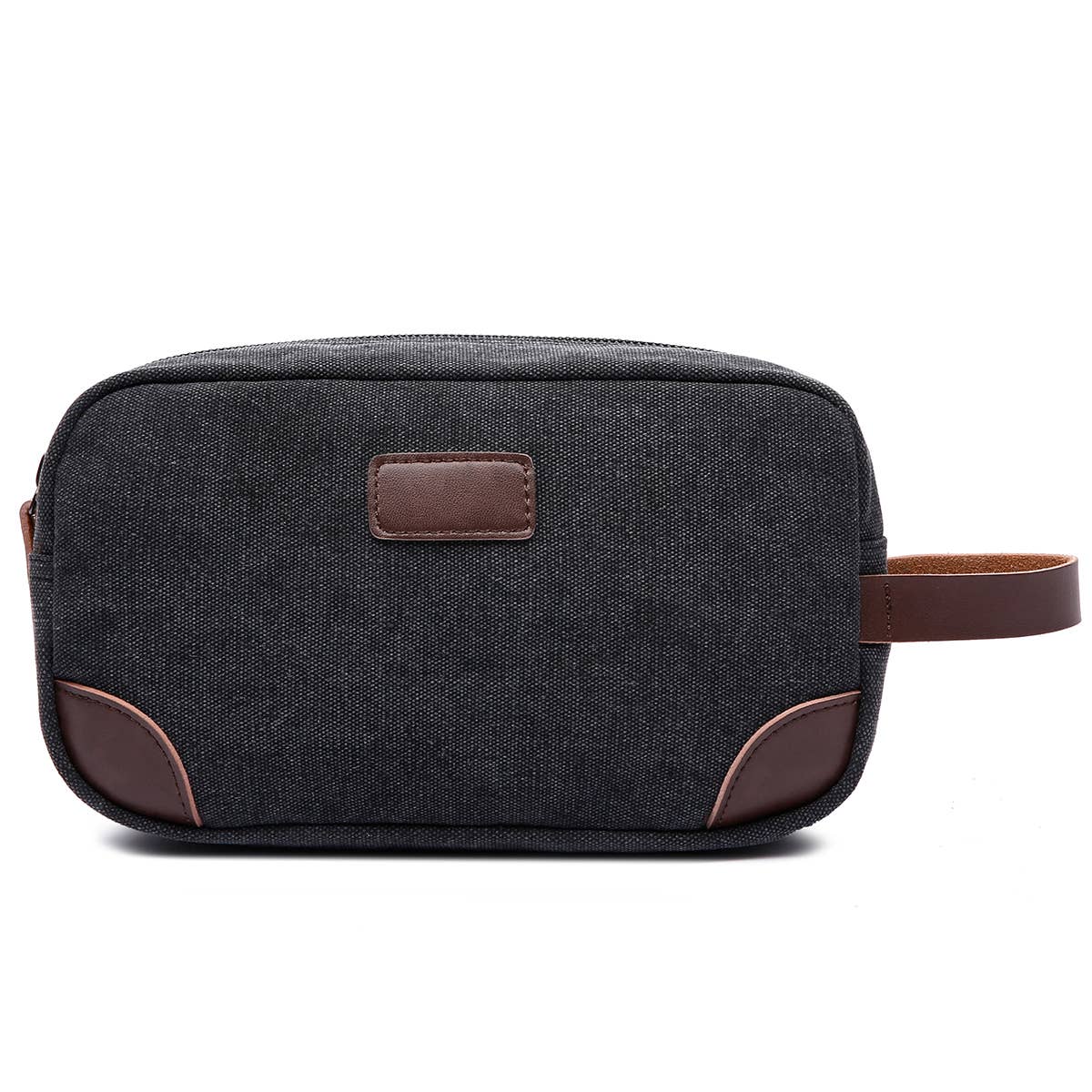 Black toiletry bag with brown accents on a white background