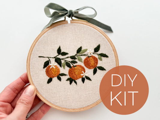 Embroidery hoop with orange and leaf design held by a hand, labeled 'DIY Kit' on a white background.