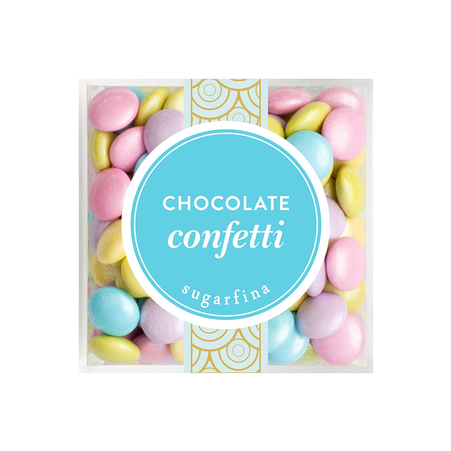 Box of colorful chocolate confetti with 'sugarfina' branding on a white background