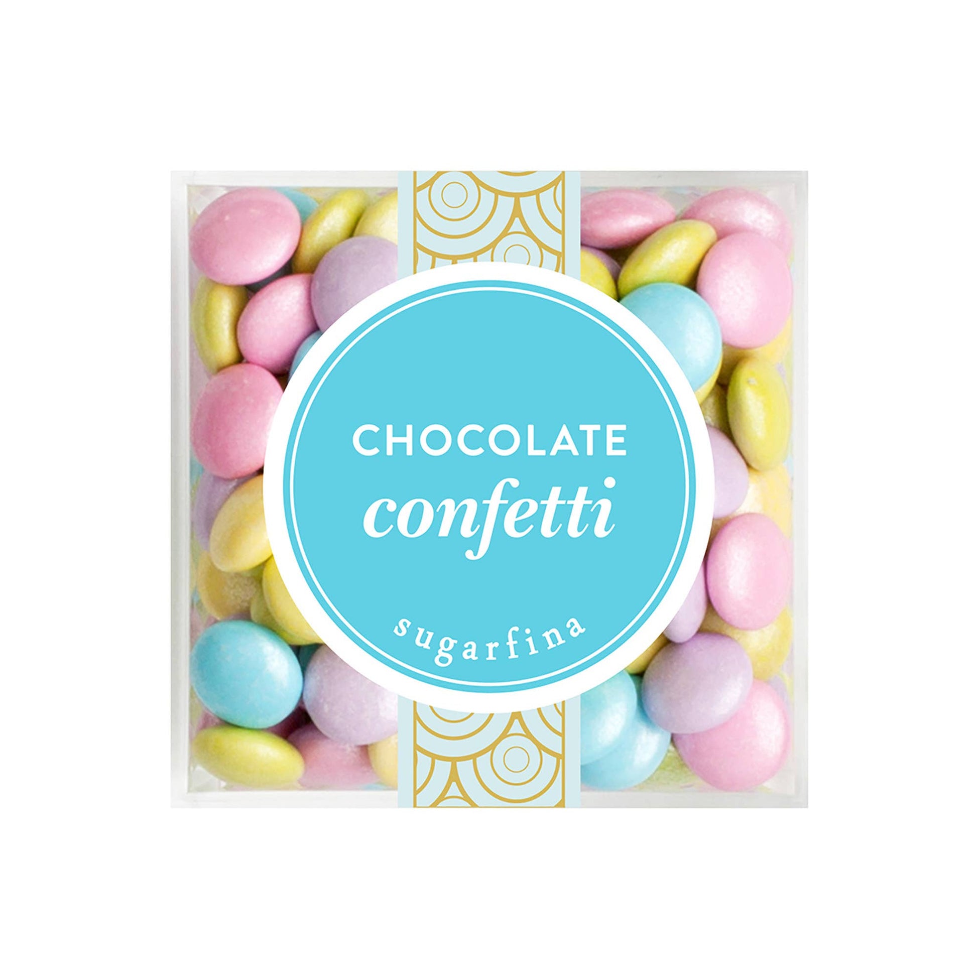 Box of colorful chocolate confetti with 'sugarfina' branding on a white background