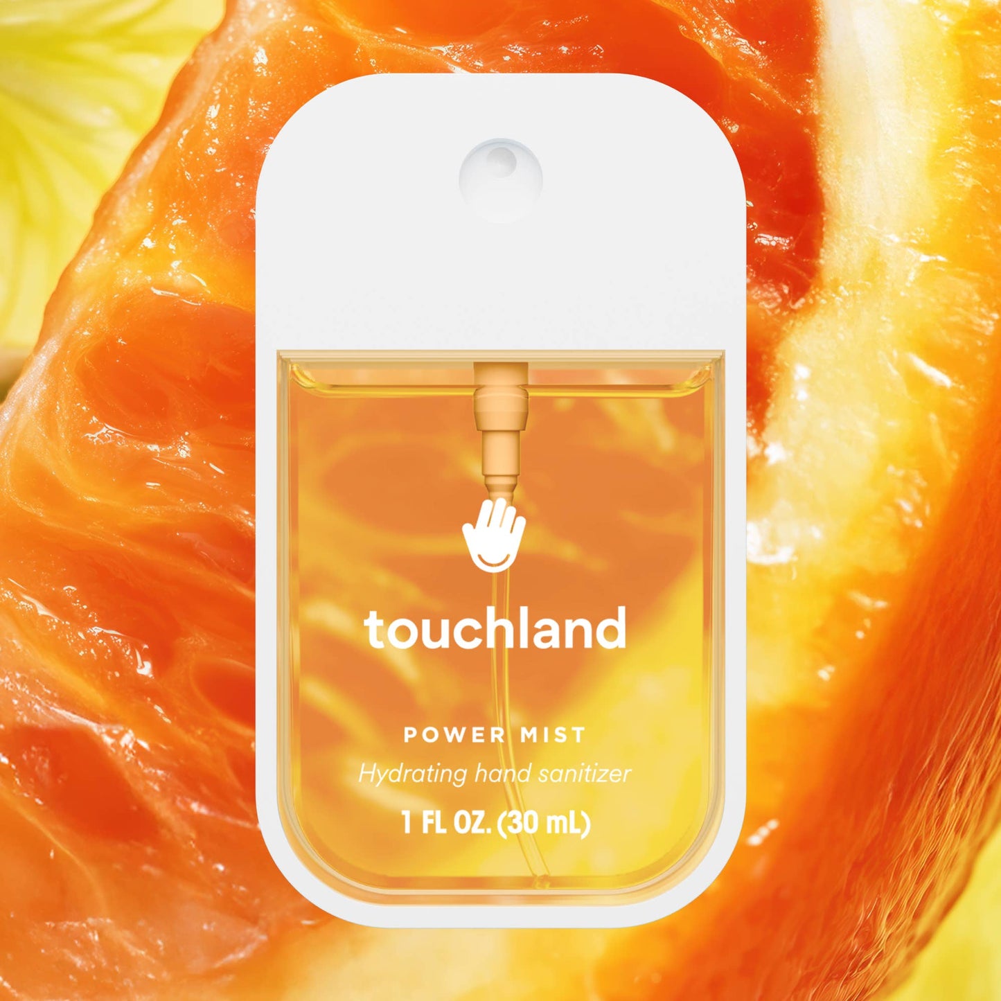 Touchland power mist hand sanitizer packaging on an orange background