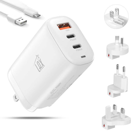 White power adapter with multiple plug options on a white background