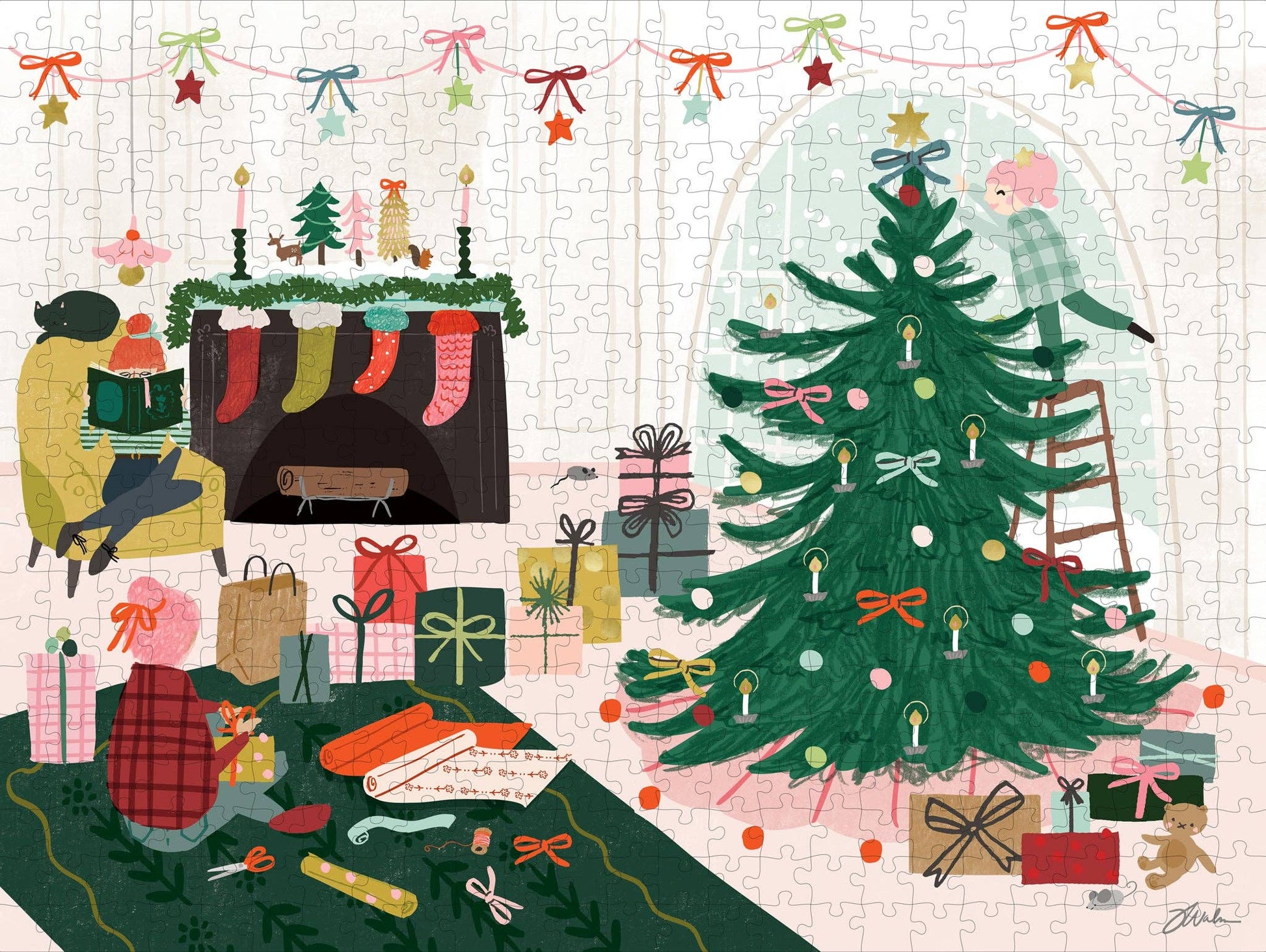 A completed jigsaw puzzle featuring a cozy Christmas scene with a decorated tree, stockings, gifts, a fireplace, and people gathered indoors. The puzzle pieces are visible across the entire surface.