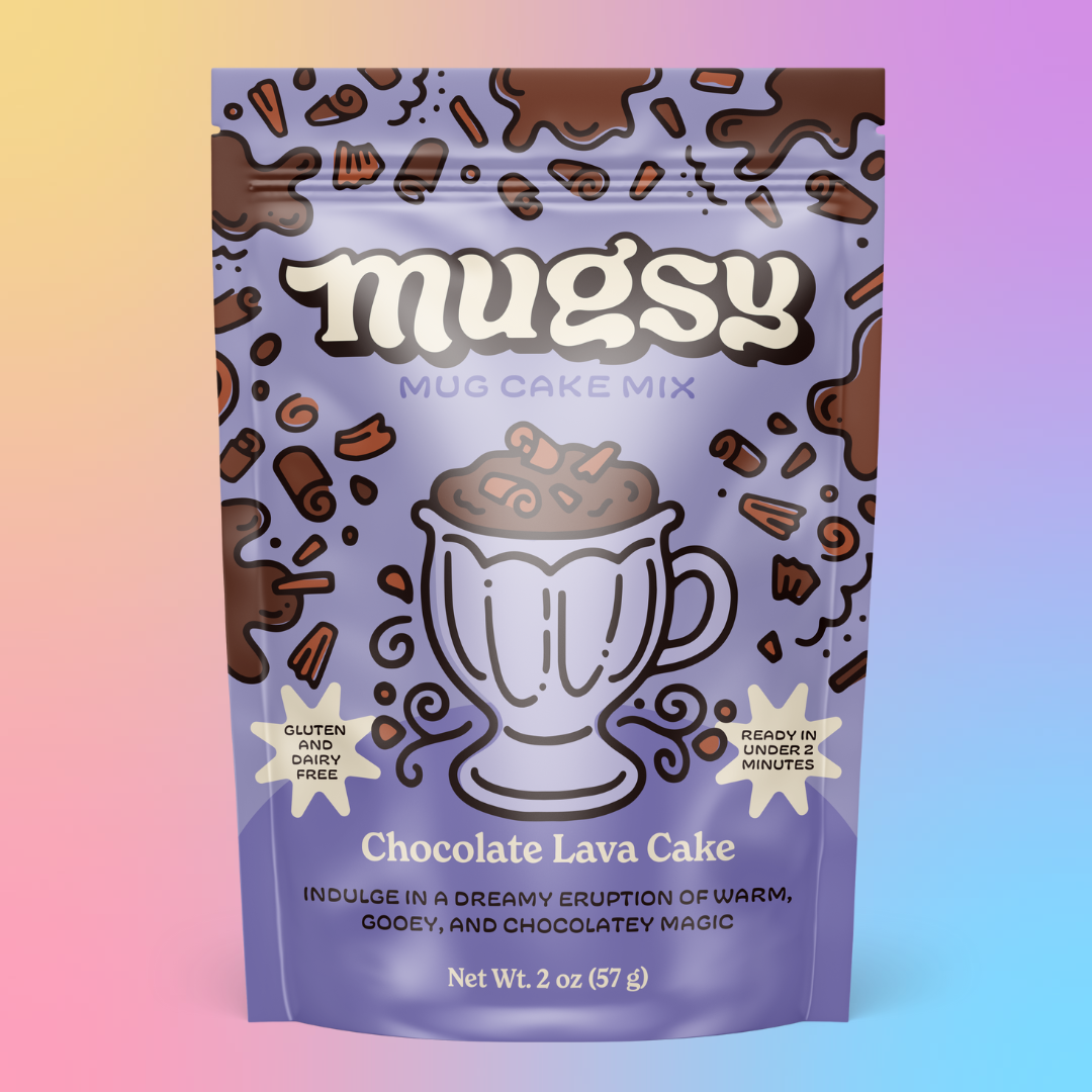 Mugsy Chocolate Lava Cake mug cake mix packaging on a gradient background