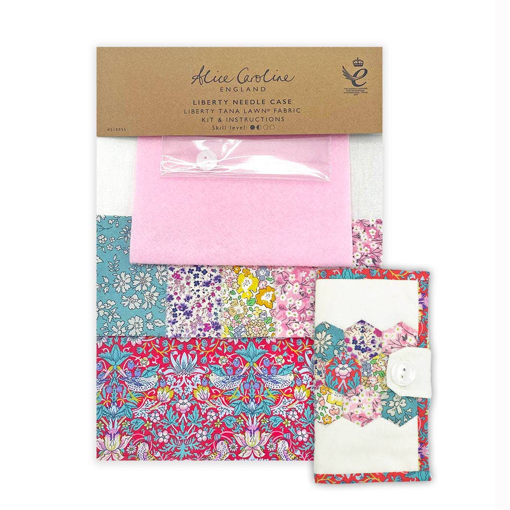 Liberty needle case with floral patterns and pink fabric, Alice Caroline branding visible.
