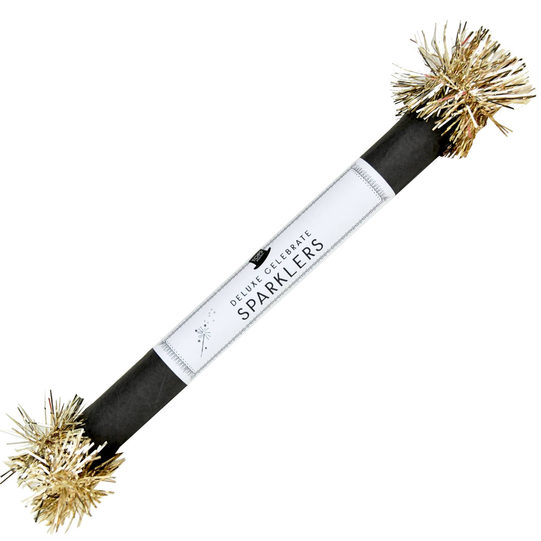 A single party sparkler shown diagonally on a plain white background. The sparkler has a black body with a white paper label in the center that reads 'DELICATE CELEBRATE SPARKLES' and is finished with gold metallic tinsel pom-poms on both ends.