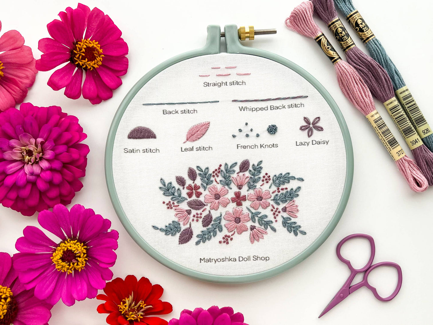 Stitch Sampler Embroidery Kit for Beginners – Learn 7 Stitches with Printed Pattern, Hoop, Thread & Video Tutorial