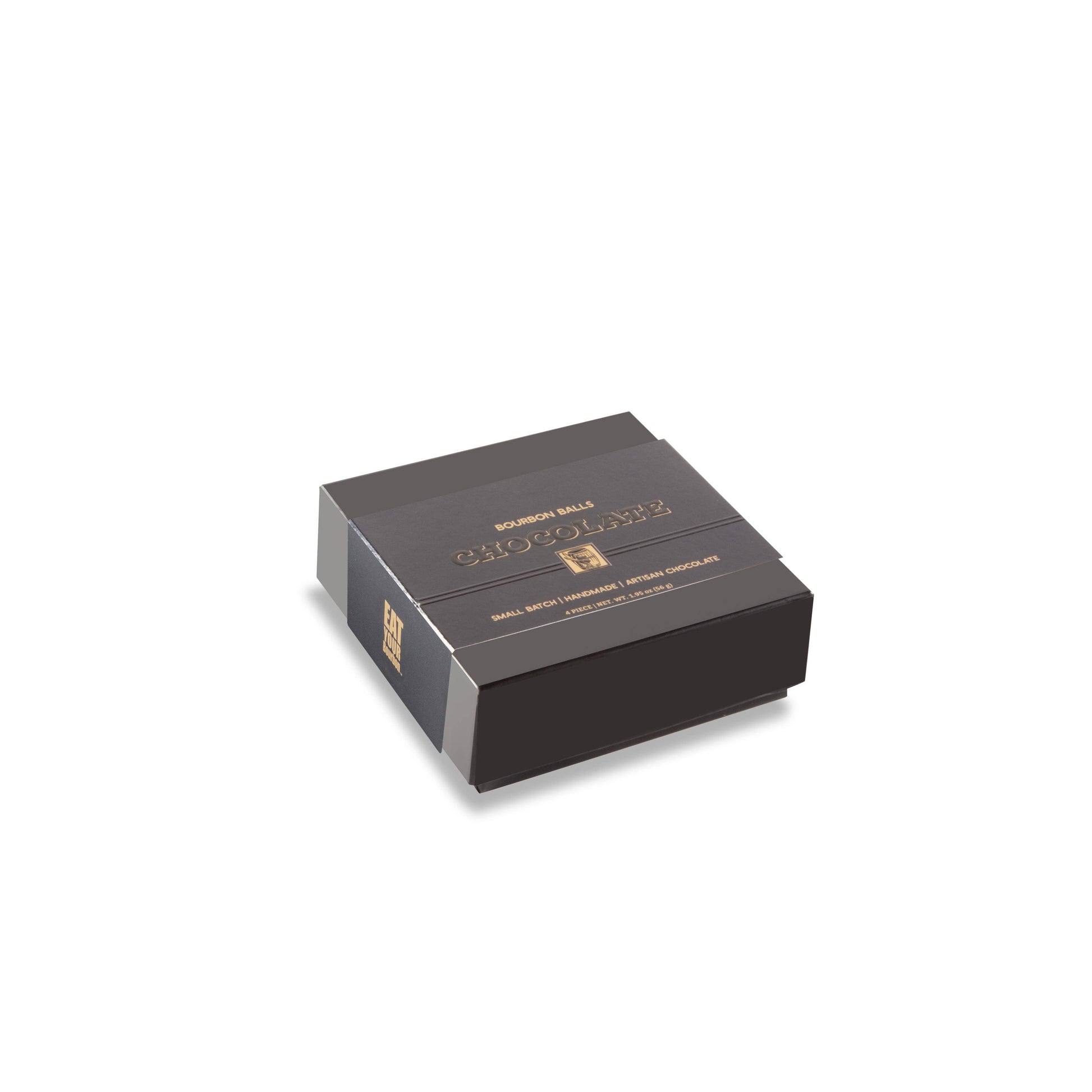 Black chocolate packaging box with gold text on a white background