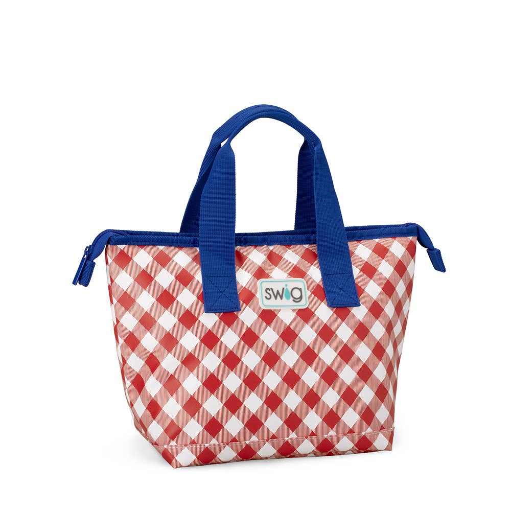 Red and white checkered bag with blue handles on a white background