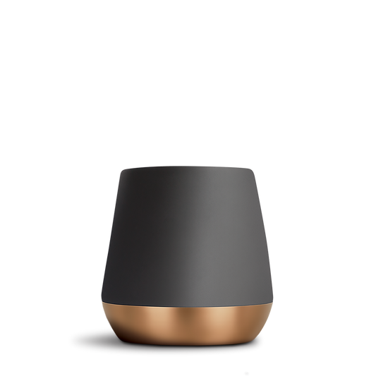 Black and bronze cylindrical object on a white background
