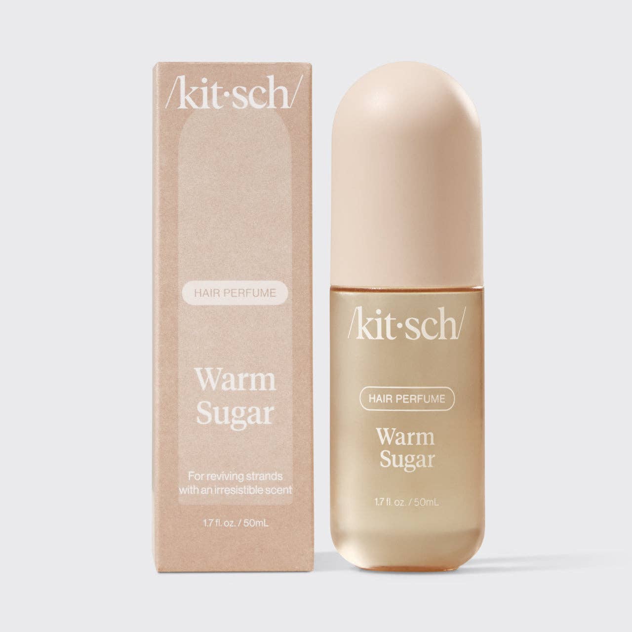 Kit-sch Warm Sugar hair perfume bottle and packaging on a white background