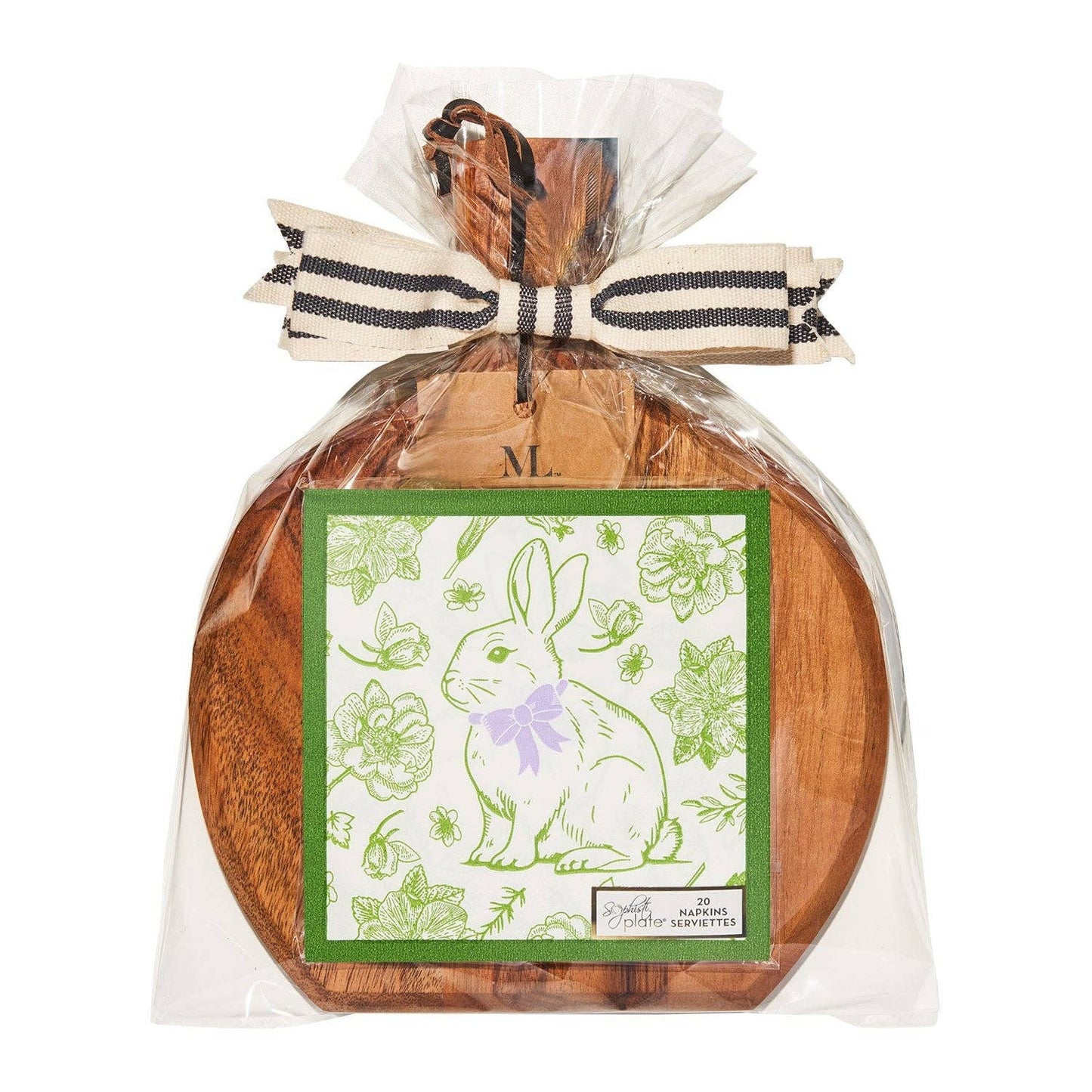 Wooden cutting board with rabbit design card, tied with ribbon, on a white background