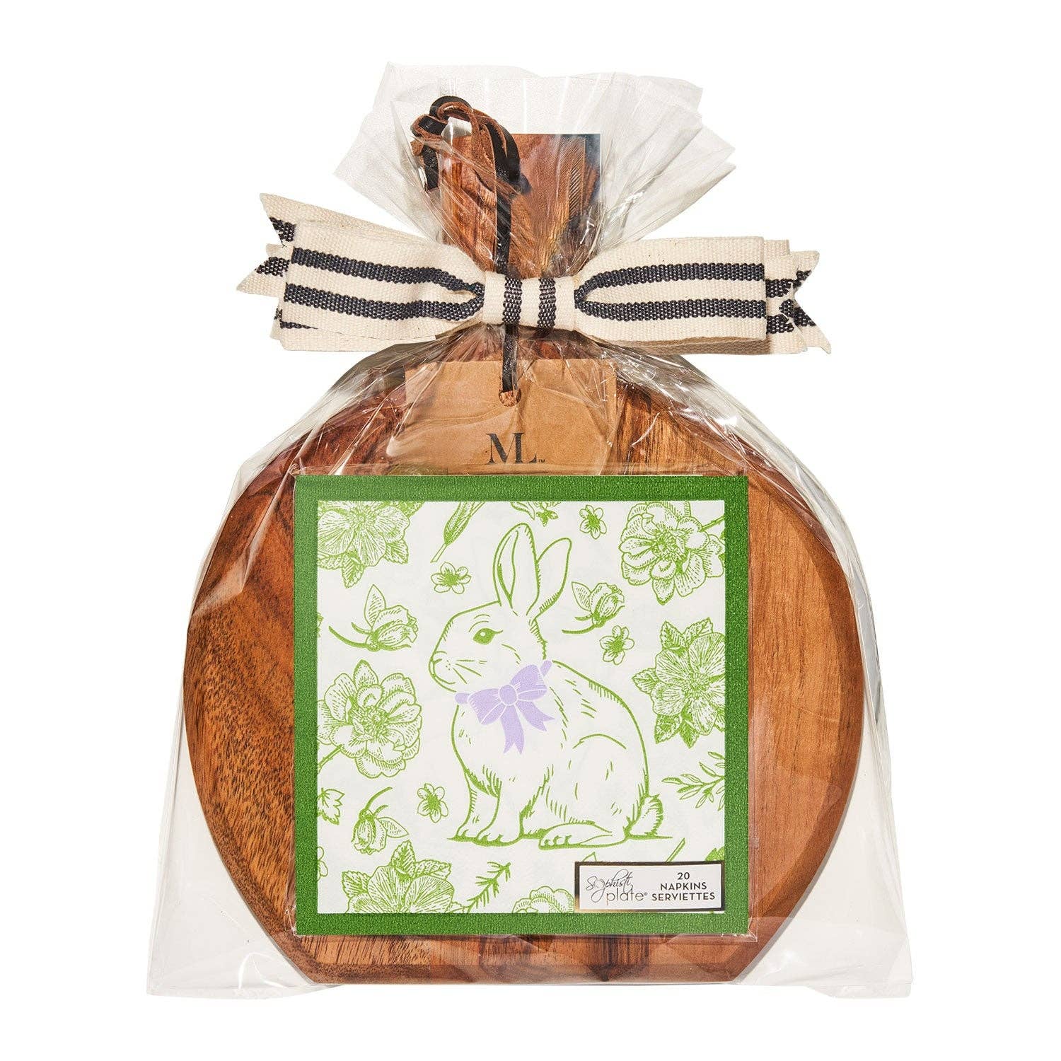 Wooden cutting board with rabbit design card, tied with ribbon, on a white background