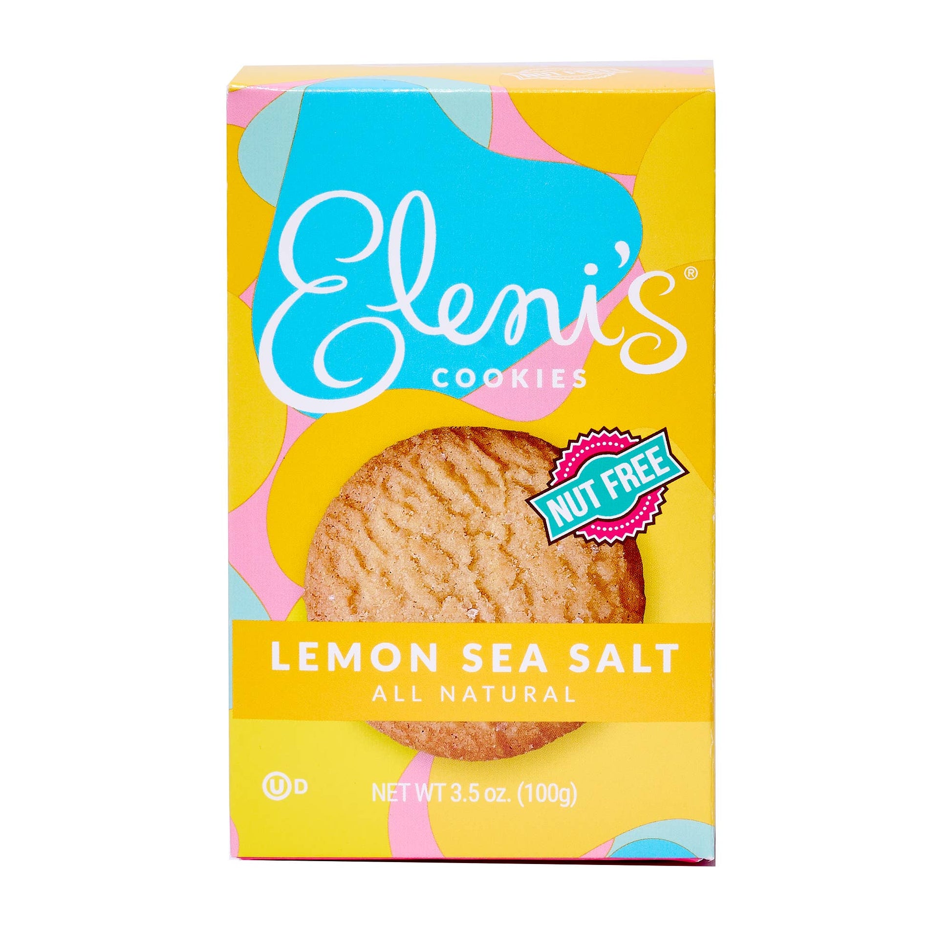Box of Eleni's Lemon Sea Salt cookies with a 'Nut Free' label on a white background