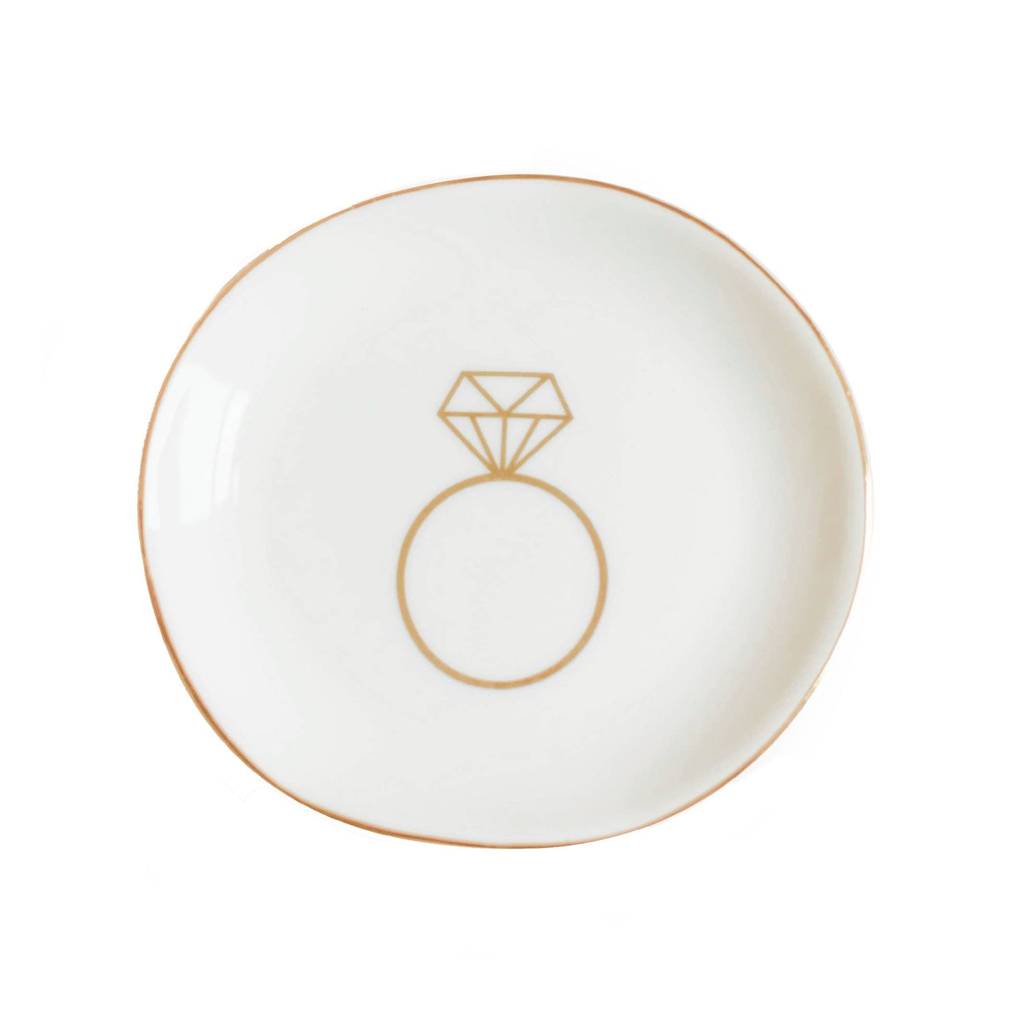 White dish with gold ring design on a white background