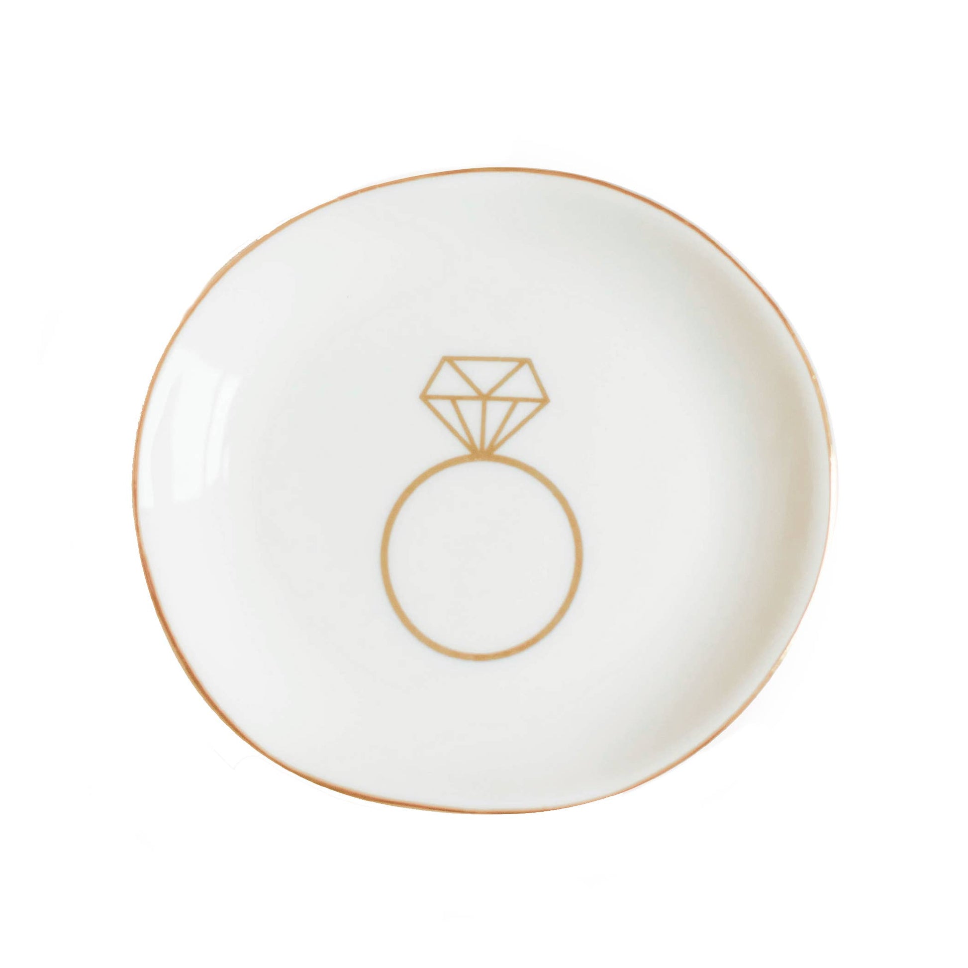 White dish with gold ring design on a white background