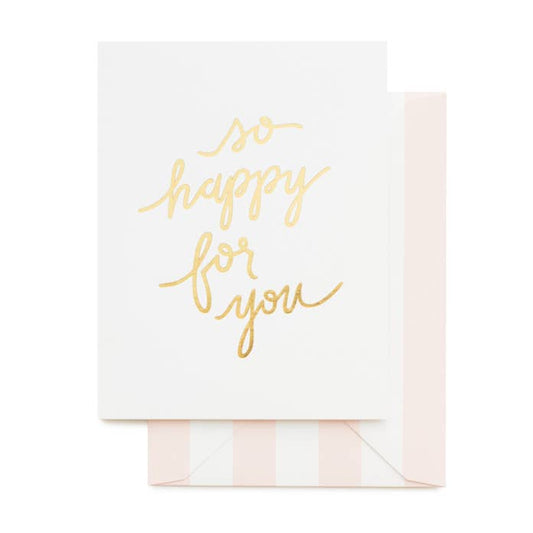 Greeting card with 'So happy for you' text on a white background
