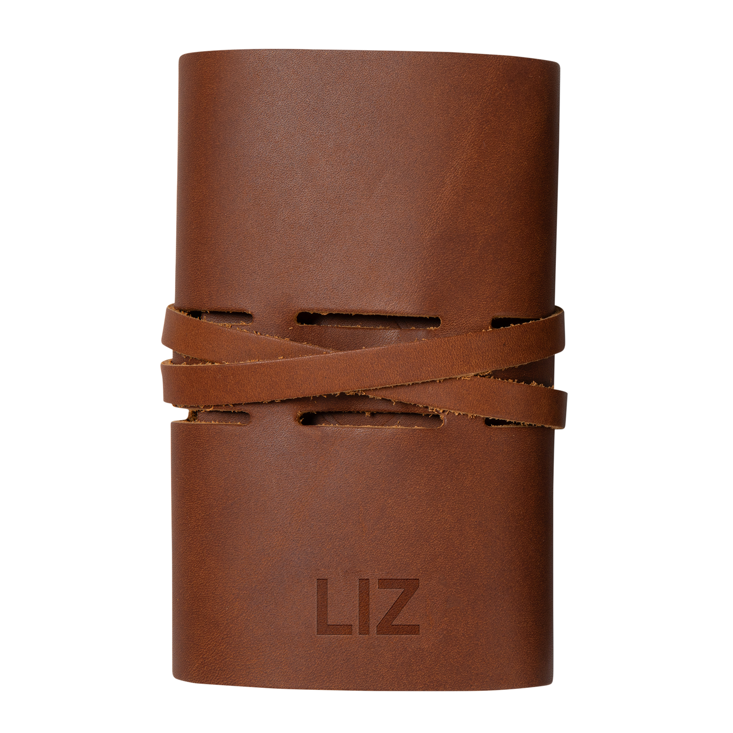Brown leather roll with strap and 'LIZ' branding on a white background